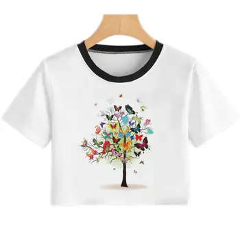 Fluture de culoare Copac Tricou Femei Casual de Vara Crop Top Tricou Harajuku coreeană Stil Grafic Topuri de Moda Scurt Femeie T-shirt
