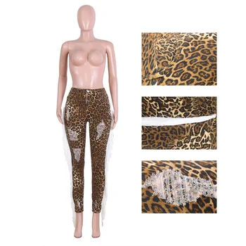 Femeile Mijlocul Talie Pantaloni De Creion De Moda Streetwear Femeie Skinny Denim Jeans Leopard Print Rupt Ciucure Spălat Blugi Sexy Club