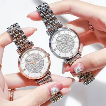 Lux Design De Diamant Femei Ceasuri De Moda De Argint Cadran Rotund Din Oțel Inoxidabil Trupa Cuarț Încheietura Ceas Cadouri Relogios Feminino