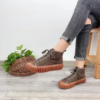 Johnature Femei Adidași din Piele Dantela-up Pantofi pentru Femei de Cusut Casual Manual Concis 2020 Nou de Agrement de Iarna Doamnelor Pantofi