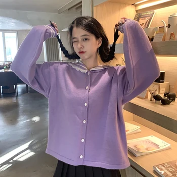 Toamna Fete Dulci Tricotate Cardigan Pulover Haina Femei 2020 Nou Stil Navy Stripe Kawaii Drăguț Liber Coreean Doamna Blând Tricota De Sus