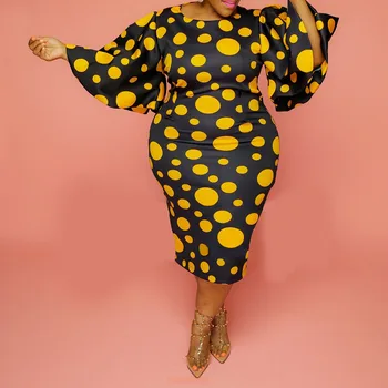 Vintage plus dimensiunea rochie pentru femei 3XL 4XL 5XL retro yellow polka dot imprimare falre maneca bodycon midi biroul de partid din africa rochie
