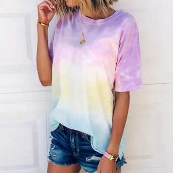 Vara Femeile Gradient T-Shirt 2020 Casual Cu Maneci Scurte O-Gât Stele Tricouri Fashion Street Doamnelor Tee Tie Dye Print Rosu Albastru Topuri