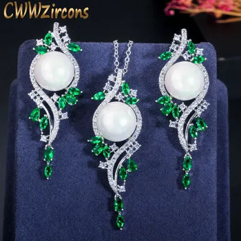 CWWZircons Design Elegant Verde Cubic Zirconia Cristal Lung de Perle Picătură Cercei Colier Set de Bijuterii Vintage pentru Femei T379
