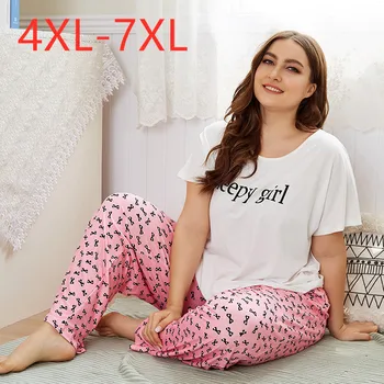 Doamnelor de primăvară de toamnă plus dimensiune pijamale pentru femei acasă purta costum cu maneci scurte T-shirt alb și print pantaloni lungi 4XL 5XL 6XL 7XL