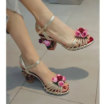 MStacchi 2021 Noi De Flori De Aur Femei Sandale Colivie Ciudat Tocuri Curea Glezna Cu Cataramă Doamnelor Sandale Sexy Pantofi De Nunta Pentru Femei