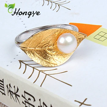 Hongye Moda Reglabil Culoare De Aur Frunze Deget Inel Pentru Femei Argint 925 Bijuterii Fine De Mireasa Ziua Perle Naturale