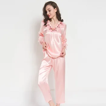 Sexy Imitație de Mătase Pijamale Femei, Pijamale pentru Set Doamnelor Pierde cu mâneci Lungi Costum Elastic talie pantaloni Mama Acasă Haine, Pijamale