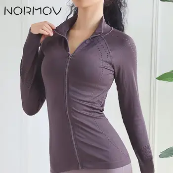 NORMOV Fermoar Yoga Shirt Pentru Femeie Degetul mare Gaura Fierbinte Maneca Lunga Crop Top Tricouri Sport Execută Antrenament de Fitness Gol afară Topuri