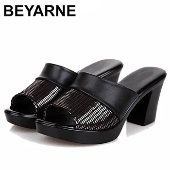 BEYARNE2019new femei sandale pentru femei papuci din piele groasa cu toc înalt bloc de culoare decor sandale femei, sandale E280