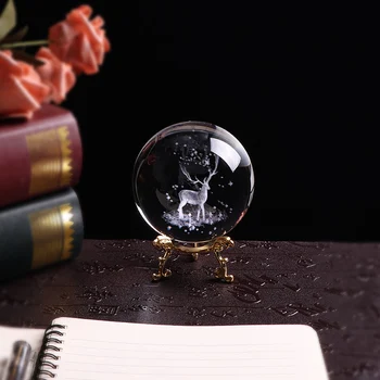 80mm Cristal Wapiti Mingea in Miniatura, cu Laser 3D Gravate de Sticlă Ornament Globul de Cristal Meșteșug Decoratiuni pentru Casa, Cadou de Ziua