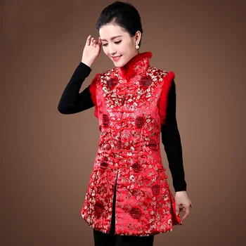 Femei fără Mâneci Sacou Guler de Blană de Iarna Matlasat fără Mâneci Pulover Feminin Slim Femei Prelungi Cald Costum Național Chinez