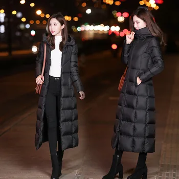 Jachete De Iarnă Pentru Femei Haina De Sex Feminin Subțire Hanorac Peste-Genunchi Bumbac Căptușit Coreea Cu Glugă Neagră Și Caldă Solid Haină Lungă