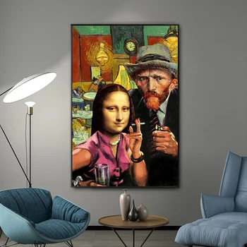 Art amuzant Mona Lisa și Van Gogh Nefumători Tablouri Canvas Wall Art Postere si Printuri Da Vinci Picturi Celebre pentru Camera de zi