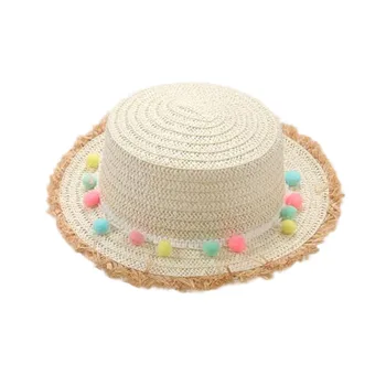 Noua Copilul de Vară Panama Pălării de Soare pline de culoare Ciucure Bile Pălărie de Paie Minunat copii Fata de Margine Largă Plajă Capac de Vârf Plat Vizorul Sombrero