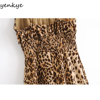 YENKYE Vintage Print Leopard Sling Rochie Femei în V Gâtului fără Mâneci a-line Rochie Mini de sex Feminin de Vară Șifon Haină Sexy