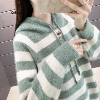 Gros Nurca femei pulover hoodie tricotaje, pulover coreea maneca lunga liber de cauzalitate haine de top dulce de Primăvară drăguț dungi Pulover
