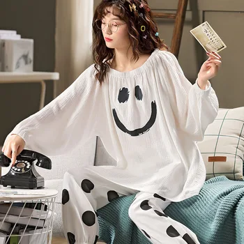 Drăguț Polka Dot Smiley Imprimat Bumbac Pyama Femeie Vrac De Mari Dimensiuni Material Confortabil Nuisette Sexy Homewear Pijama Set
