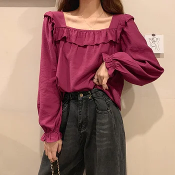 Volane Solid Bluza Femei Pătrat Guler Maneca Fluture Coreeană De Moda De Îmbrăcăminte Casual, De Birou De Sex Feminin Tricou Nou Toamna Anului 2020