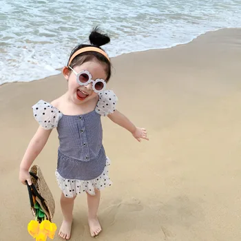 Vara New Sosire stil coreean seturi de îmbrăcăminte de moda drăguț polka dot Bubble sleeve shirt cu despicare fusta carouri pentru fată drăguță