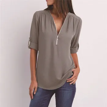 Tricou Femei, Plus Dimensiune Bluza De Sus 2020 Casual Cu Maneci Lungi V-Neck Cu Fermoar Liber Bluza De Vara Tricouri De Mari Dimensiuni Topuri Sexy