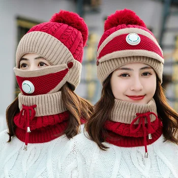 Iarna Ciclism Pălărie Cu Masca de schi pentru fata căciuli, eșarfe Femei eșarfă 3 BUC set de Cald Pălării de Lână, cu Guler Feminin Catifea Groasă pălărie