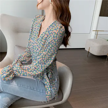 Bluze pentru femei 2020 Toamna V-gât Scurt Top Florale Imprimate Tricou cu Maneci Lungi Femei Șifon Bluza cu Centura de Moda Culturilor Sus