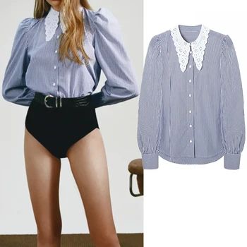 ZA 2020 Noua Moda dungă, cămașă de gât Femei Guler de Turn-down Bluze Bluza Șifon Tricou Sexy Topuri Casual