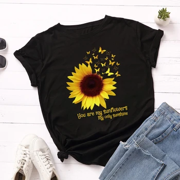 Plus Dimensiune S-5XL Femei de Floarea soarelui, de Bumbac Imprimare de Bază T-shirt Estetice Harajuku Florale Topuri de Vara de Mari Dimensiuni Fluture tricou