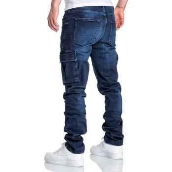 Blugi barbati Pantaloni Jeans stil European de Moda Casual, Buzunare Mari Hip-Hop Skateboard Pantaloni Barbati Denim Albastru de Brand