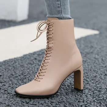 Glezna cizme pentru femei 2021 nou elegant toc pătrat pantofi femei cu toc solid epocă cizme femei dantela-up pantofi doamnelor u460