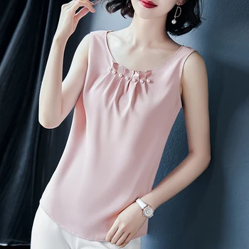 Moda coreeană Silk Tank Top Femei Satin Birou Doamnă Rezervor de Top cu Margele Roz Solide Cami Top Plus Dimensiune XXXL/5XL de Îmbrăcăminte pentru Femei