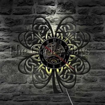 Nod Celtic Irlandez Frunză de Trifoi LED-uri de Lumină Agățat disc de Vinil Ceas de Perete de St Patricks Day Cadou Modern Lampă de Perete