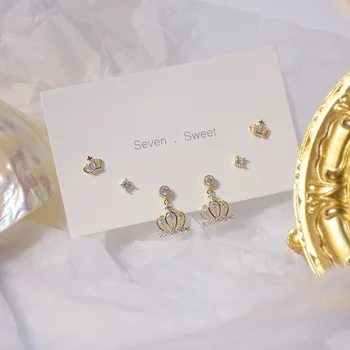 14k Aur veritabil Moda Bijuterii Micro-Zircon incrustate Coroana 6-piese Set de Lux Cercei pentru Femei Vacanță Cadou de zi cu Zi Simplu Cercel