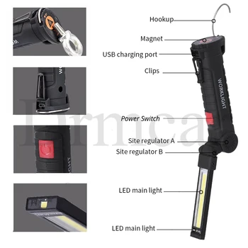 Portabil cu Lumina de Lucru 5 Modul Auto Flahlight Tsorch USB Magnetic Loc de Pliere Felinare Lumina Cârlig Agățat Lampă De Camping în aer liber