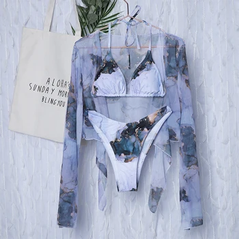 Într-X Tie-dye print 3 bucată de costume de baie Sexy femeie mesh bikini 2021 maneca Lunga, costume de baie femei Nod biquini Plaja poarte costum de baie