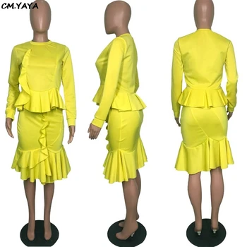 Femei noi maneca lunga, pulovere volane sirena genunchi lungime fuste costume set de două piese costume de trening 4 culori L0238