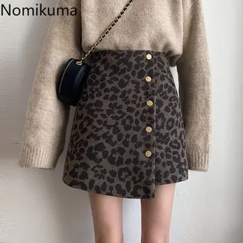 Nomikuma Streetwear Talie Mare Leopard Fusta Femei Toamna Noua Butoane Laterale Neregulate Retro, Fuste Mini de sex Feminin Faldas Mujer 3d086
