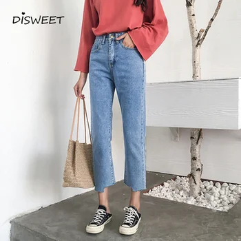 Talie mare, Solid Blugi Femeie College Style Slim Butonul Drept-picior Pantaloni Femei Simple Slim Anlkle-Lungime Pantaloni Femei 2021