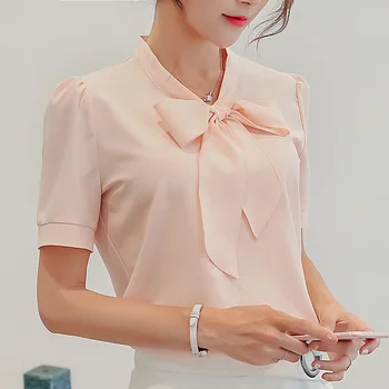 2019 Vară stil coreean Femei Tricou Maneca Scurta Femei Șifon fundita de Culoare Solidă Doamnelor Camasi Albe Plus Dimensiunea Îmbrăcăminte