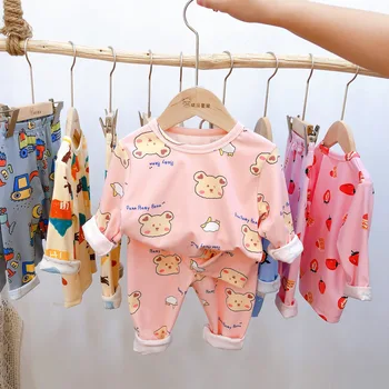 2-7Y copil Copil Pijama Set Kid lenjerie de Bumbac cu Mâneci Lungi Tricou+pantaloni Desene animate copii Imbracaminte de Toamna 2 buc Sleepwear Costum de Pijama