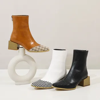 Femei De Moda Cizme De Lux, Bloc Tocuri Pantofi De Toamnă Femeii A Subliniat Toe Glezna Cizme De Cauciuc Alb Negru Zapatos Mujer 2020