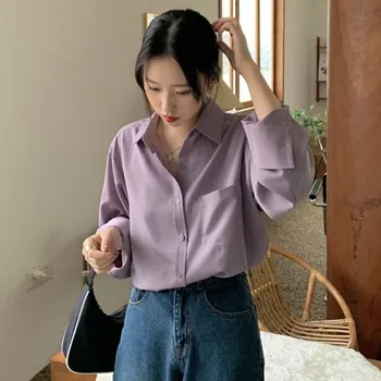 Bluza Femei Vintage Violet coreean Șic Guler de Turn-down Retro Primăvară Doamnelor Blusas Topuri Toate-meci Casual Moale Femme de Moda de Top
