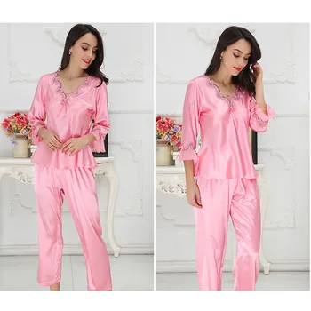 Noi Pijamale de Mătase Pentru Femei din Satin pentru Femei Pijamale, Seturi Mâneci Lungi V-neck Lace Top+Pantaloni Doamnelor Pyjama Femme Homewear