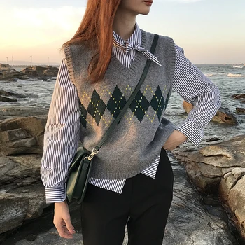 Femei Pulover Vesta Toamna Anului 2020 Coreeană Stil Vintage Geometrice Argyle V Gâtului Fără Mâneci Pulover Tricotate Femei Pulovere Topuri