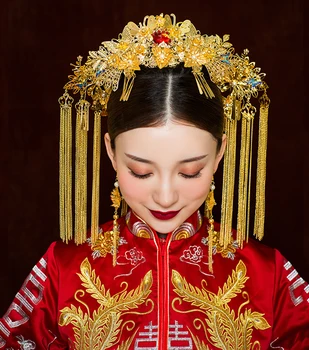 HIMSTORY Nouă Epocă Chineză Nunta Accesorii de Par Aur Ciucure Lung Bastoane de Păr Fluture de Mireasa Princess set Agrafe