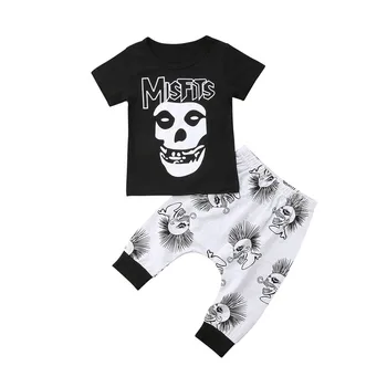 Craniu de Imprimare Baby Set Haine Copii Băiatul T-shirt, Blaturi+Pantaloni Lungi 2 buc Vara Băiat Costume de Trening