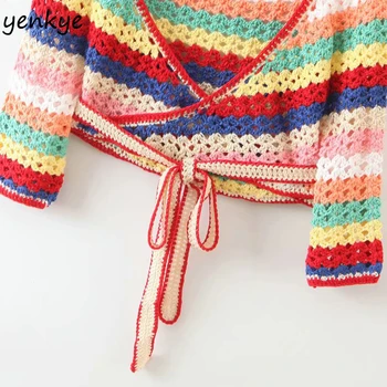 Cu Dungi multicolore Crochet Crop Top pentru Femei Cruce V Neck Short Sleeve Knit Sexy Wrap Top Femme Vara Boho Topuri blusas LJPZ9279