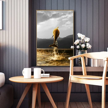 Golden Ocean Peisaj Arta de Perete Panza Pictura Delfin Postere si Printuri Acasă Imagini Decor de Perete pentru Living Decorul Camerei