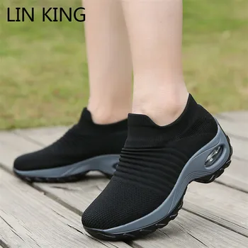 LIN KING Plus Dimensiune Casual Pantofi pentru Femei în aer liber Adidași Pantofi Platforma Primavara Toamna Respirabil Tricotat Doamnelor Pene Adidași